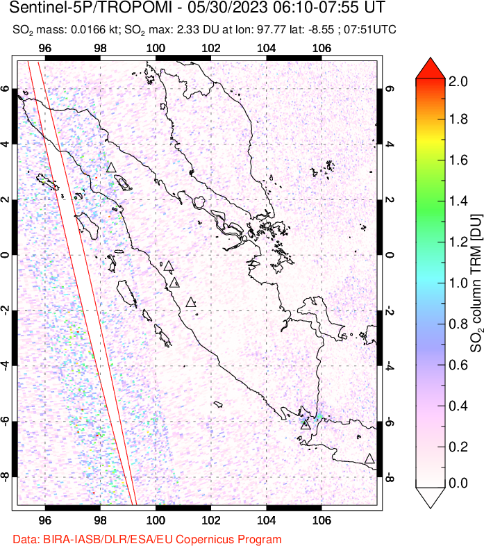 A sulfur dioxide image over Sumatra, Indonesia on May 30, 2023.