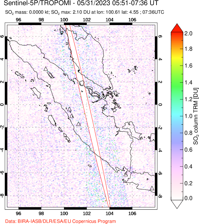 A sulfur dioxide image over Sumatra, Indonesia on May 31, 2023.