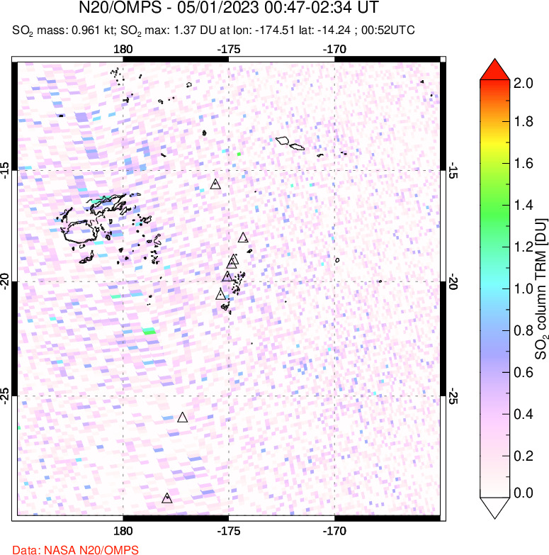 A sulfur dioxide image over Tonga, South Pacific on May 01, 2023.