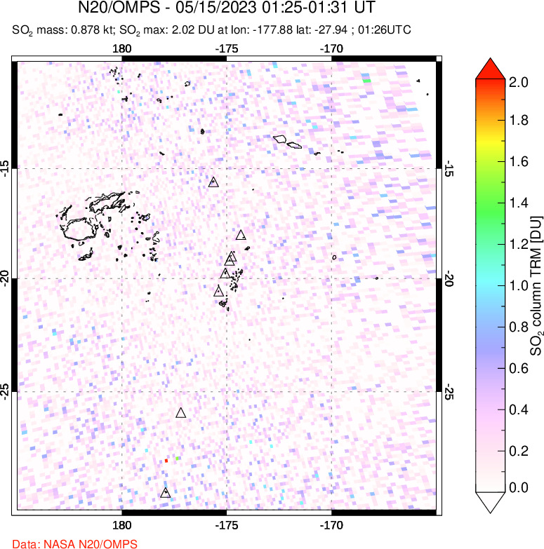 A sulfur dioxide image over Tonga, South Pacific on May 15, 2023.