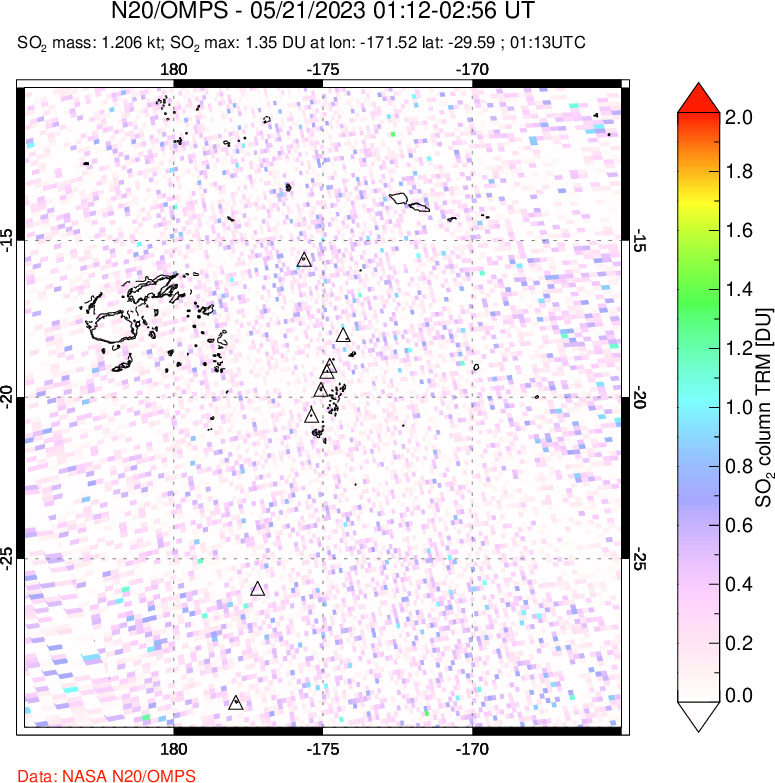 A sulfur dioxide image over Tonga, South Pacific on May 21, 2023.