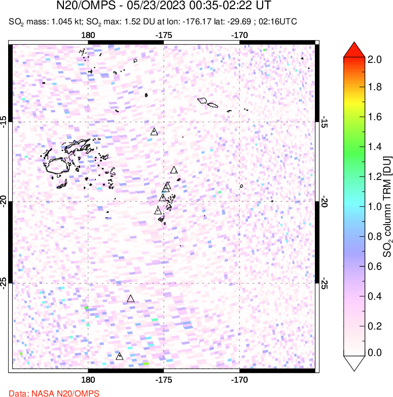 A sulfur dioxide image over Tonga, South Pacific on May 23, 2023.