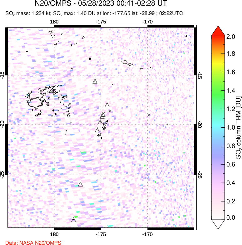 A sulfur dioxide image over Tonga, South Pacific on May 28, 2023.