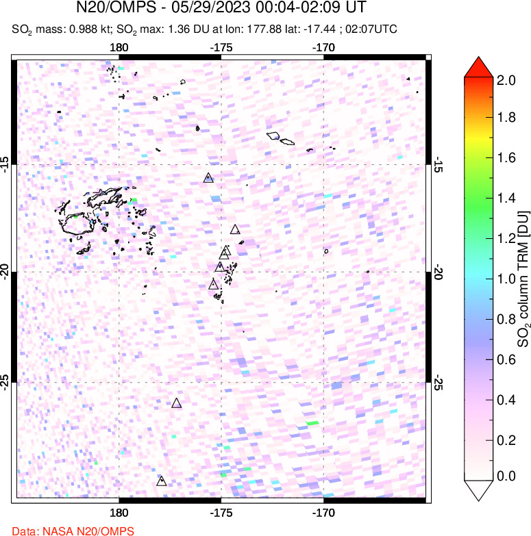 A sulfur dioxide image over Tonga, South Pacific on May 29, 2023.