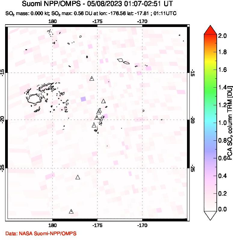 A sulfur dioxide image over Tonga, South Pacific on May 08, 2023.