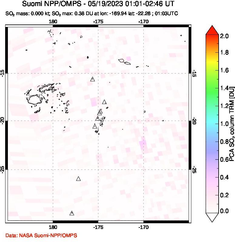 A sulfur dioxide image over Tonga, South Pacific on May 19, 2023.