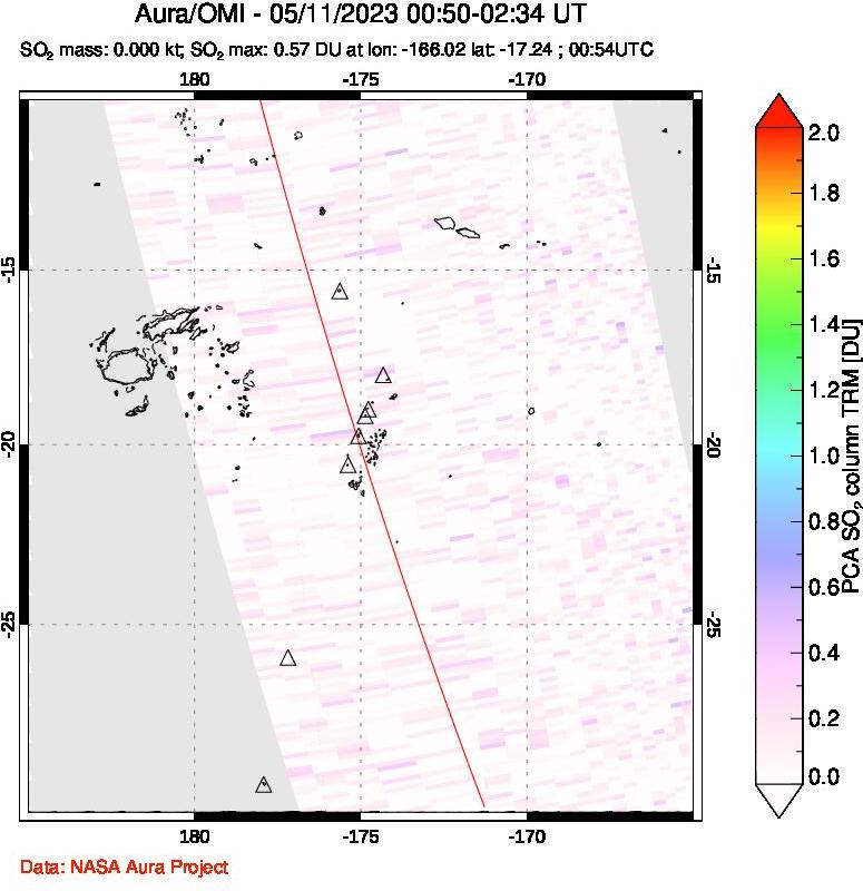 A sulfur dioxide image over Tonga, South Pacific on May 11, 2023.