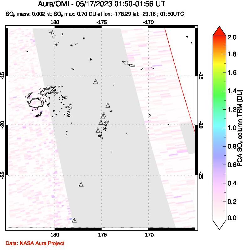 A sulfur dioxide image over Tonga, South Pacific on May 17, 2023.