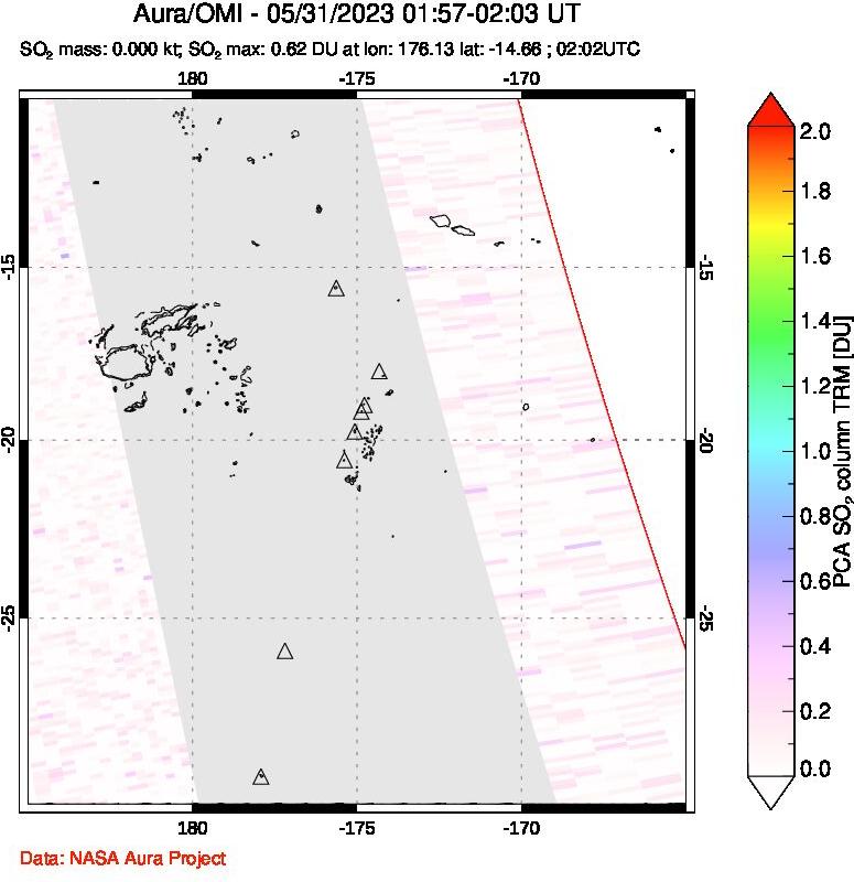 A sulfur dioxide image over Tonga, South Pacific on May 31, 2023.