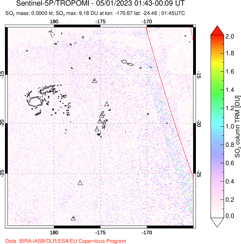 A sulfur dioxide image over Tonga, South Pacific on May 01, 2023.