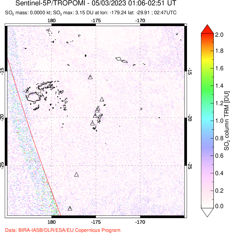 A sulfur dioxide image over Tonga, South Pacific on May 03, 2023.