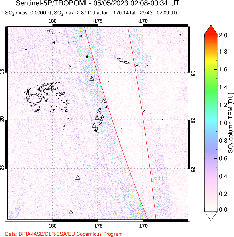 A sulfur dioxide image over Tonga, South Pacific on May 05, 2023.
