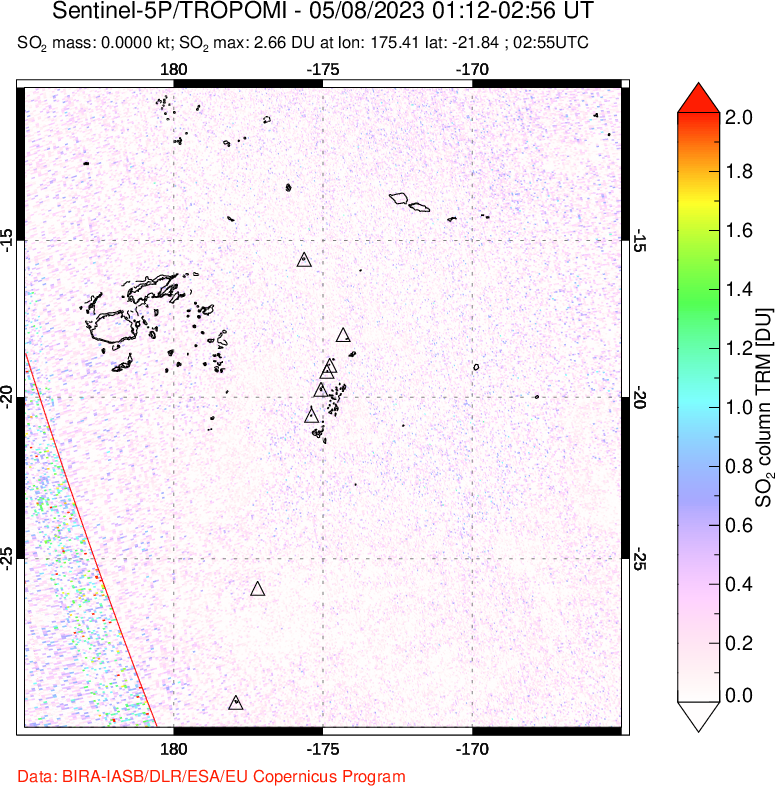 A sulfur dioxide image over Tonga, South Pacific on May 08, 2023.
