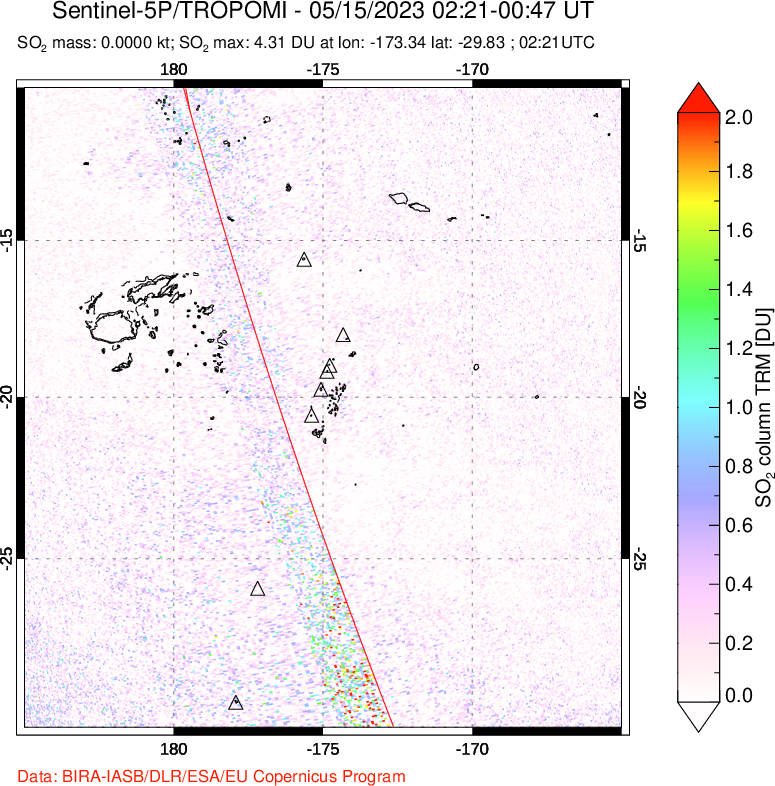 A sulfur dioxide image over Tonga, South Pacific on May 15, 2023.