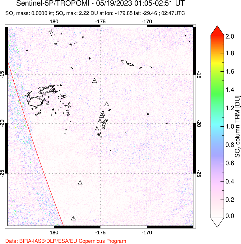 A sulfur dioxide image over Tonga, South Pacific on May 19, 2023.