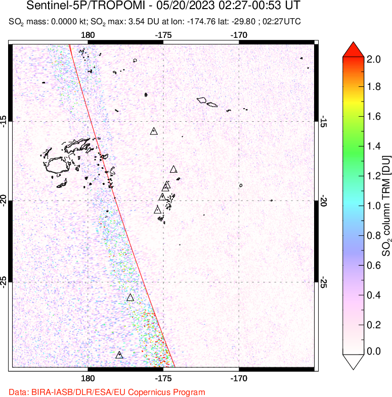 A sulfur dioxide image over Tonga, South Pacific on May 20, 2023.