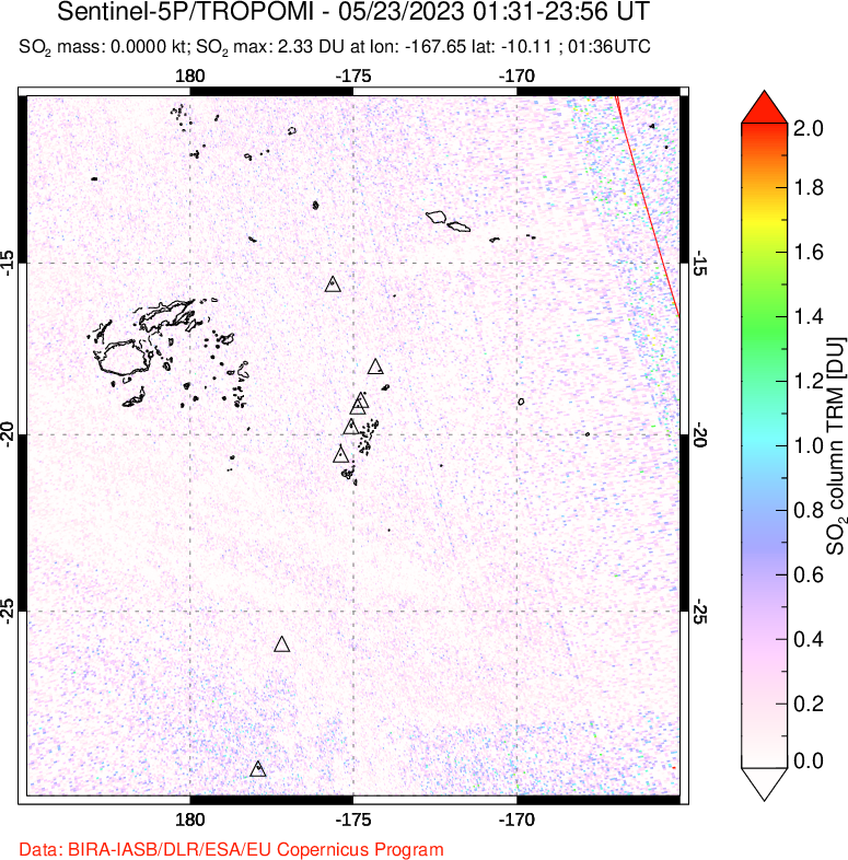 A sulfur dioxide image over Tonga, South Pacific on May 23, 2023.