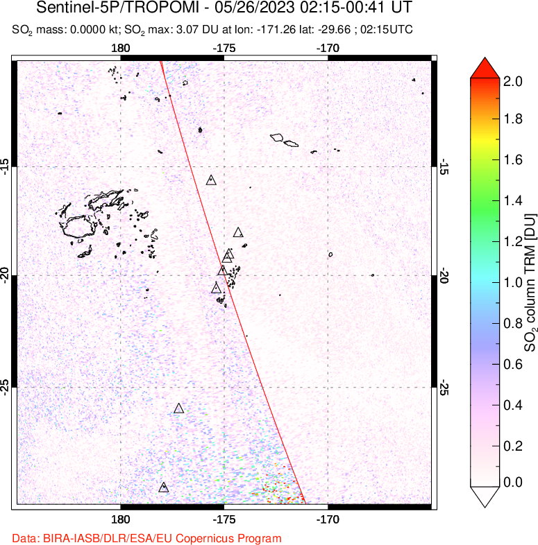 A sulfur dioxide image over Tonga, South Pacific on May 26, 2023.