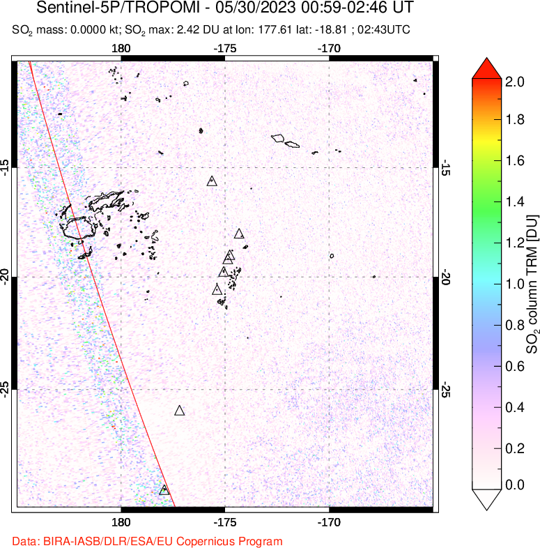 A sulfur dioxide image over Tonga, South Pacific on May 30, 2023.