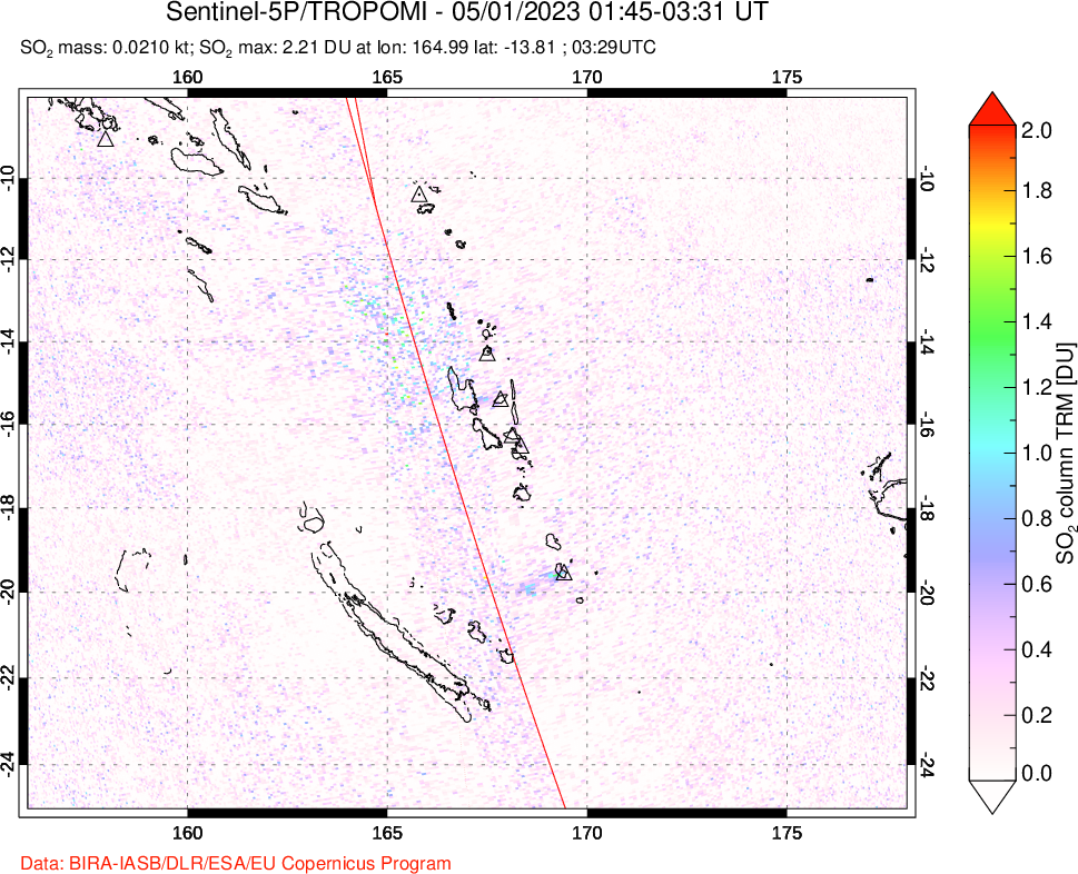 A sulfur dioxide image over Vanuatu, South Pacific on May 01, 2023.