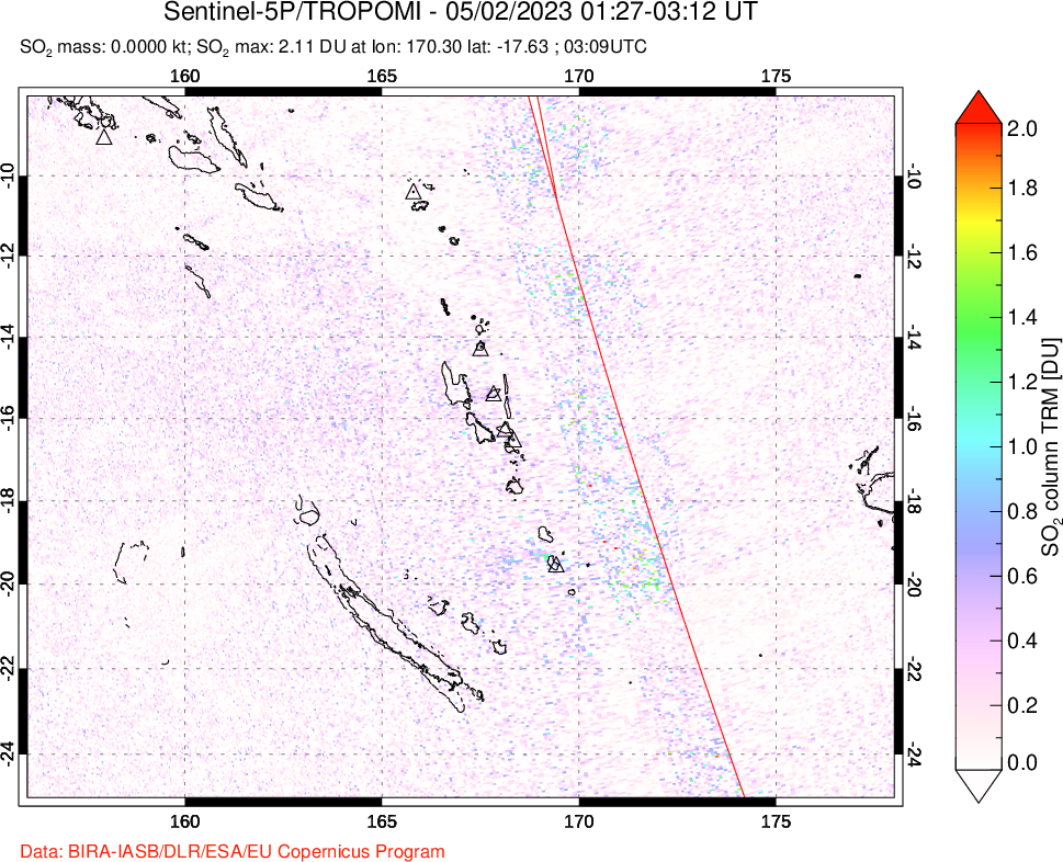 A sulfur dioxide image over Vanuatu, South Pacific on May 02, 2023.