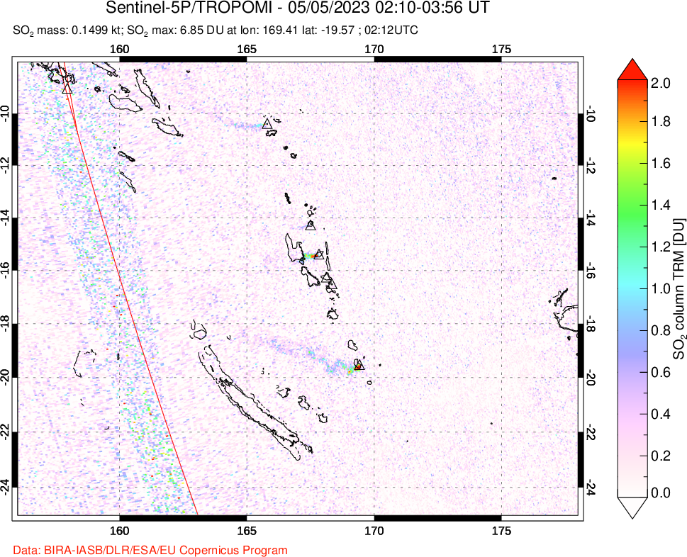 A sulfur dioxide image over Vanuatu, South Pacific on May 05, 2023.
