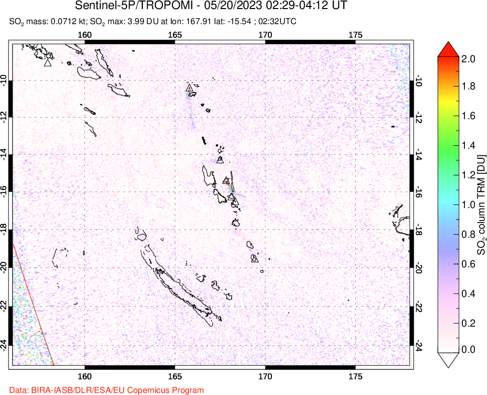 A sulfur dioxide image over Vanuatu, South Pacific on May 20, 2023.