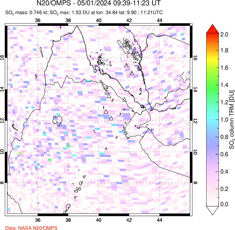 A sulfur dioxide image over Afar and southern Red Sea on May 01, 2024.