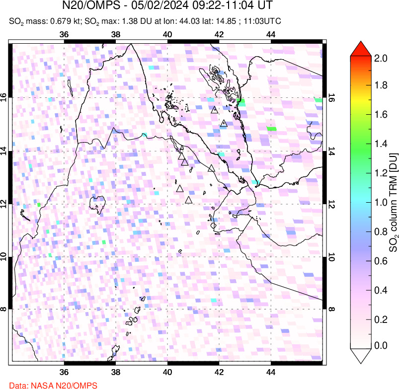 A sulfur dioxide image over Afar and southern Red Sea on May 02, 2024.