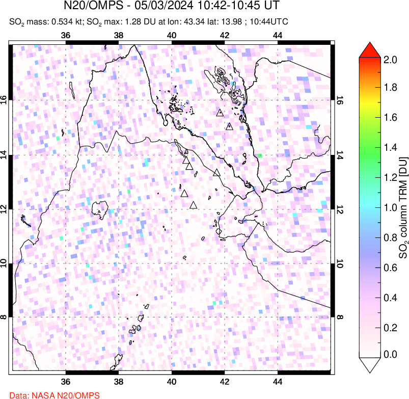 A sulfur dioxide image over Afar and southern Red Sea on May 03, 2024.