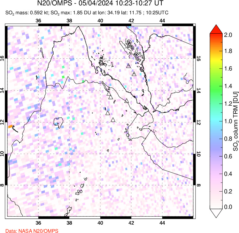 A sulfur dioxide image over Afar and southern Red Sea on May 04, 2024.