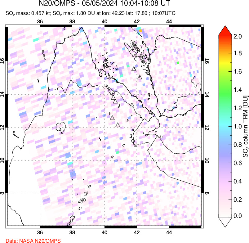 A sulfur dioxide image over Afar and southern Red Sea on May 05, 2024.