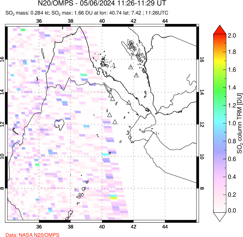 A sulfur dioxide image over Afar and southern Red Sea on May 06, 2024.