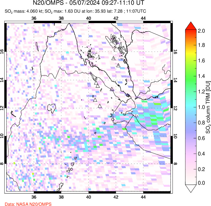 A sulfur dioxide image over Afar and southern Red Sea on May 07, 2024.