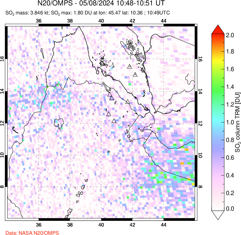 A sulfur dioxide image over Afar and southern Red Sea on May 08, 2024.