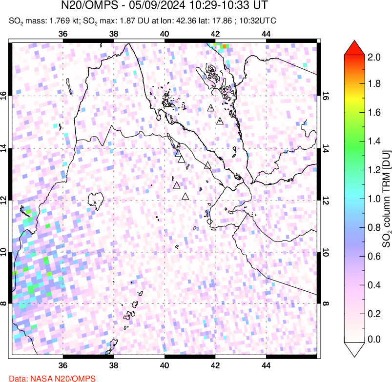 A sulfur dioxide image over Afar and southern Red Sea on May 09, 2024.