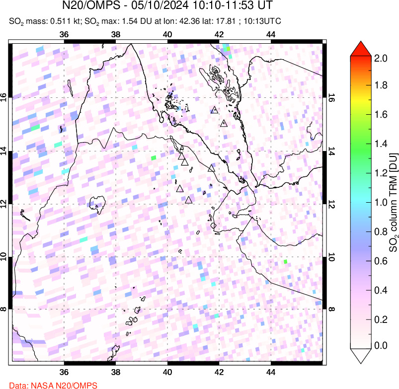 A sulfur dioxide image over Afar and southern Red Sea on May 10, 2024.