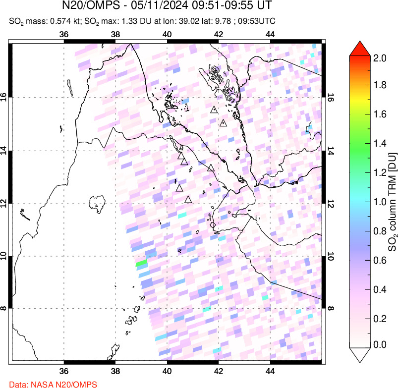 A sulfur dioxide image over Afar and southern Red Sea on May 11, 2024.