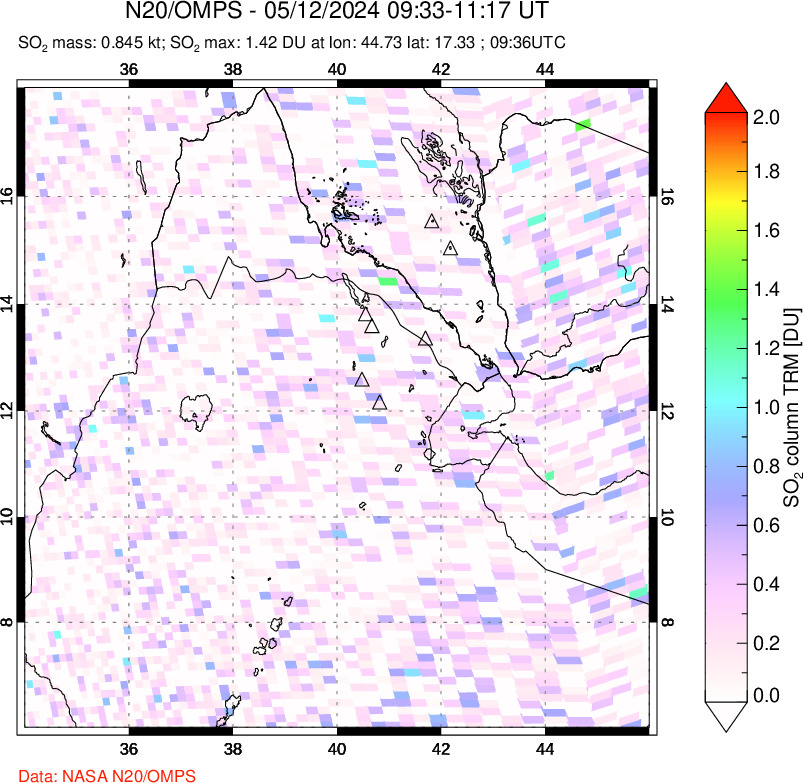 A sulfur dioxide image over Afar and southern Red Sea on May 12, 2024.