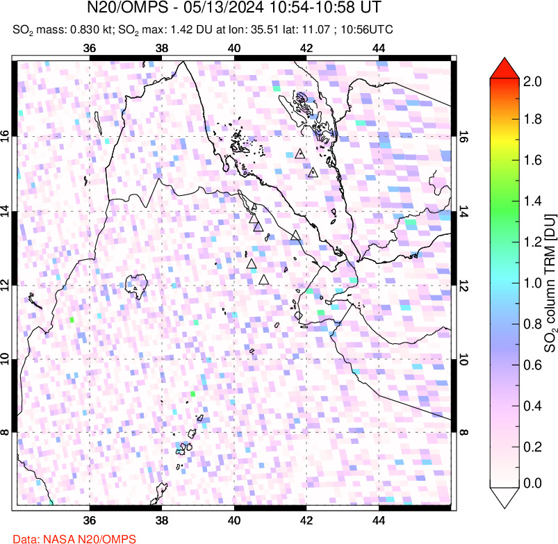 A sulfur dioxide image over Afar and southern Red Sea on May 13, 2024.