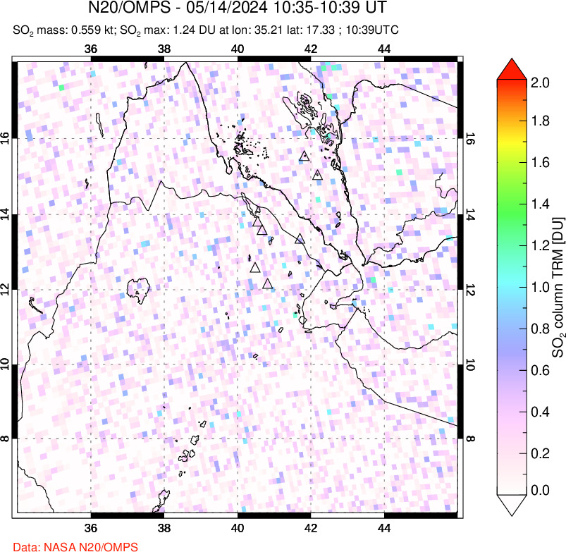 A sulfur dioxide image over Afar and southern Red Sea on May 14, 2024.