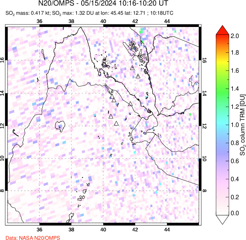 A sulfur dioxide image over Afar and southern Red Sea on May 15, 2024.