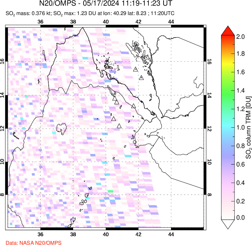 A sulfur dioxide image over Afar and southern Red Sea on May 17, 2024.