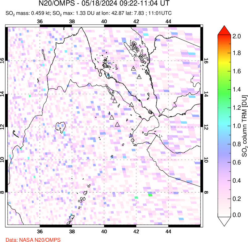 A sulfur dioxide image over Afar and southern Red Sea on May 18, 2024.