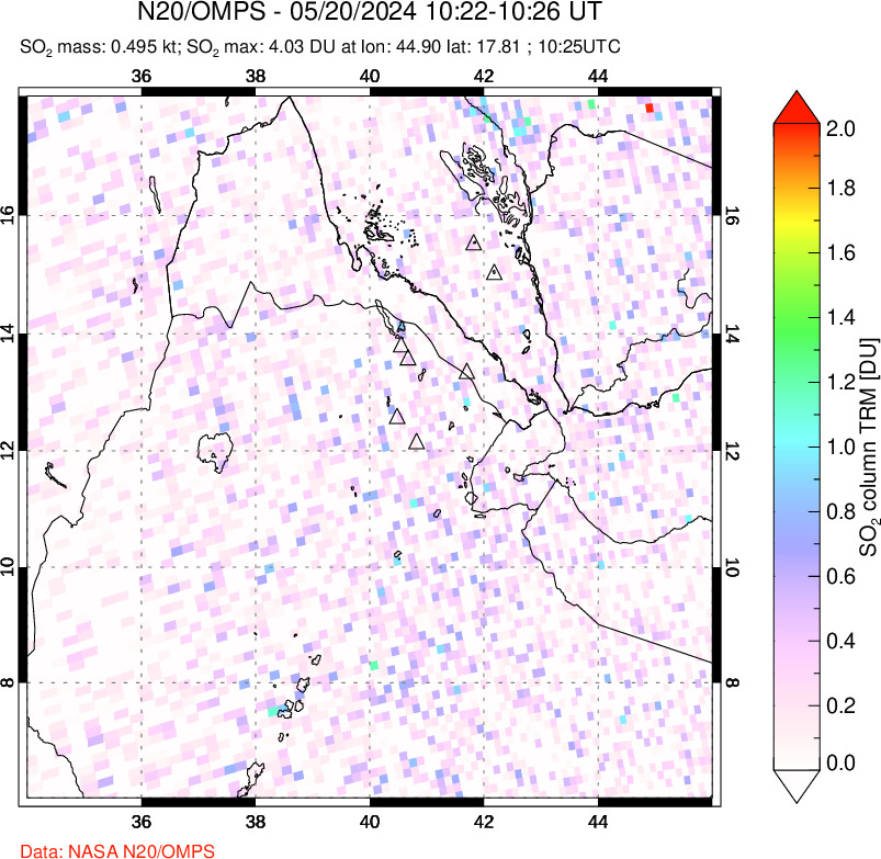 A sulfur dioxide image over Afar and southern Red Sea on May 20, 2024.