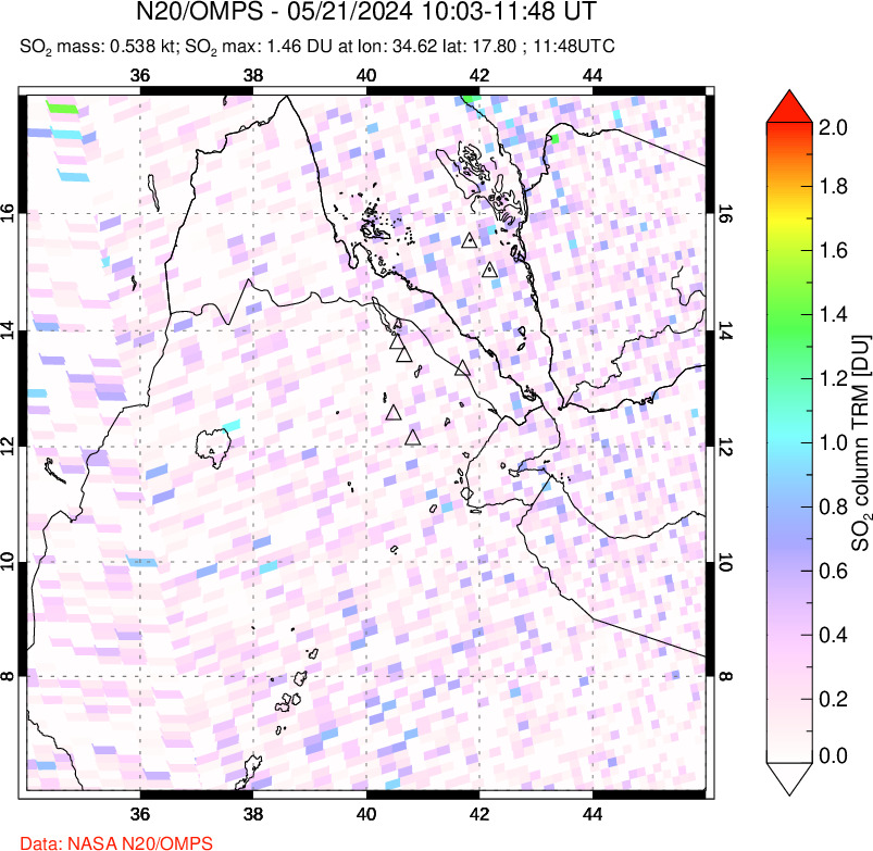 A sulfur dioxide image over Afar and southern Red Sea on May 21, 2024.