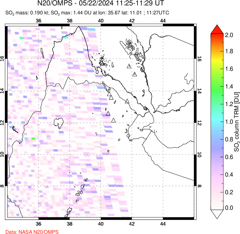 A sulfur dioxide image over Afar and southern Red Sea on May 22, 2024.