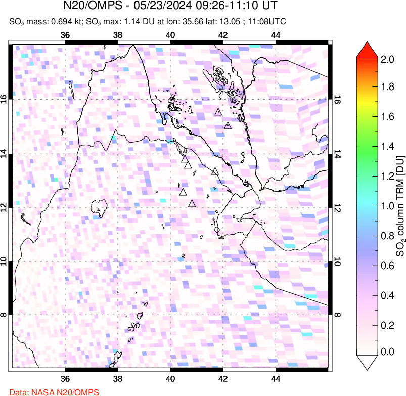 A sulfur dioxide image over Afar and southern Red Sea on May 23, 2024.