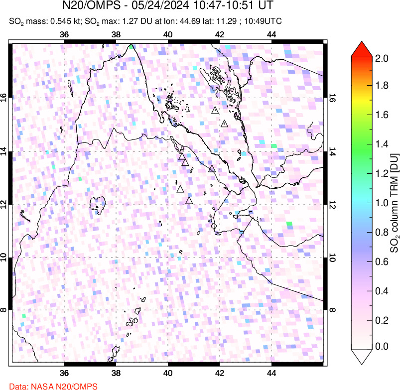 A sulfur dioxide image over Afar and southern Red Sea on May 24, 2024.