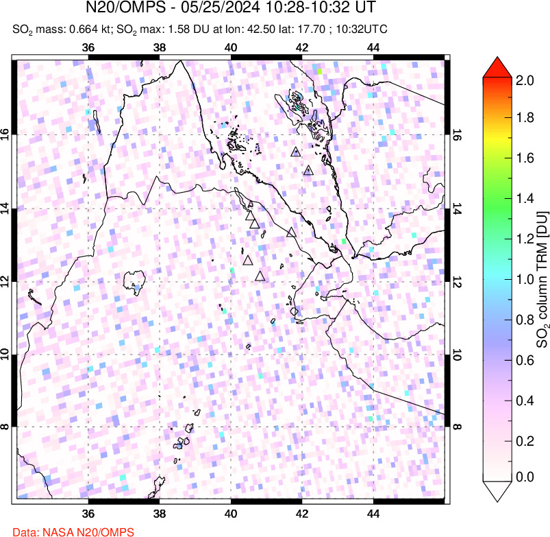 A sulfur dioxide image over Afar and southern Red Sea on May 25, 2024.